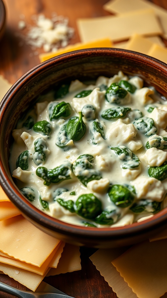 A bowl of creamy ricotta filling with spinach and garlic, ready to use in lasagna.
